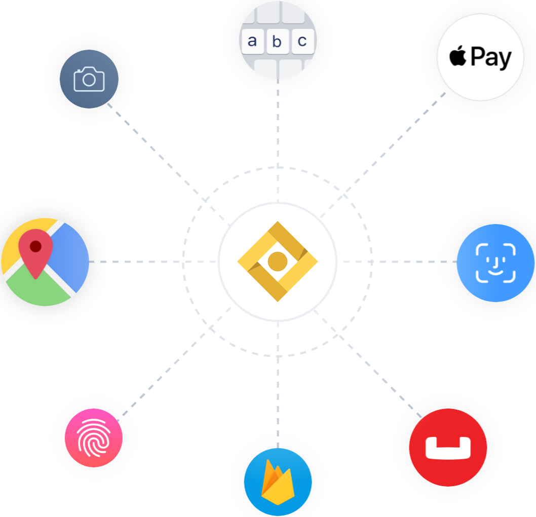 wheel of different app icons floating around Restvo Native logo
